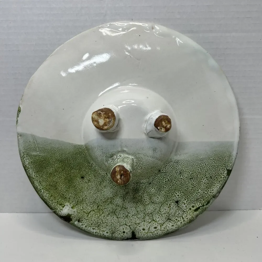 Studio Art Pottery Candle Holder Green White Lava Glaze Centerpiece Footed Sign